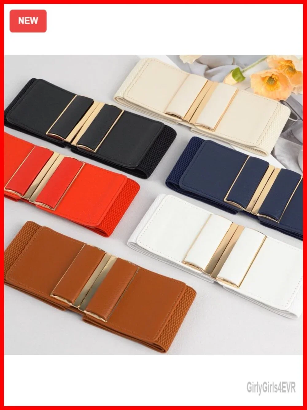 Women Wide Elastic Stretch Belt Leather Interlocking Buckle Vintage Waistband 3